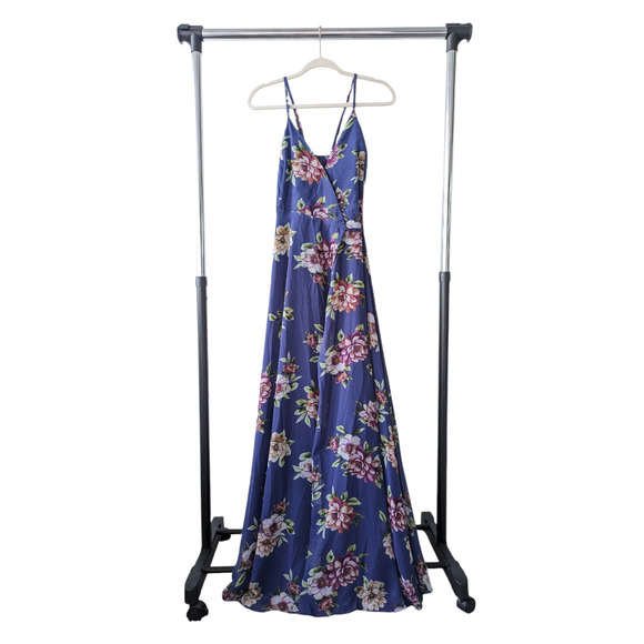 Lulu's Always There For Me Navy Blue Floral Print Wrap Maxi Dress Large - Picture 2 of 7